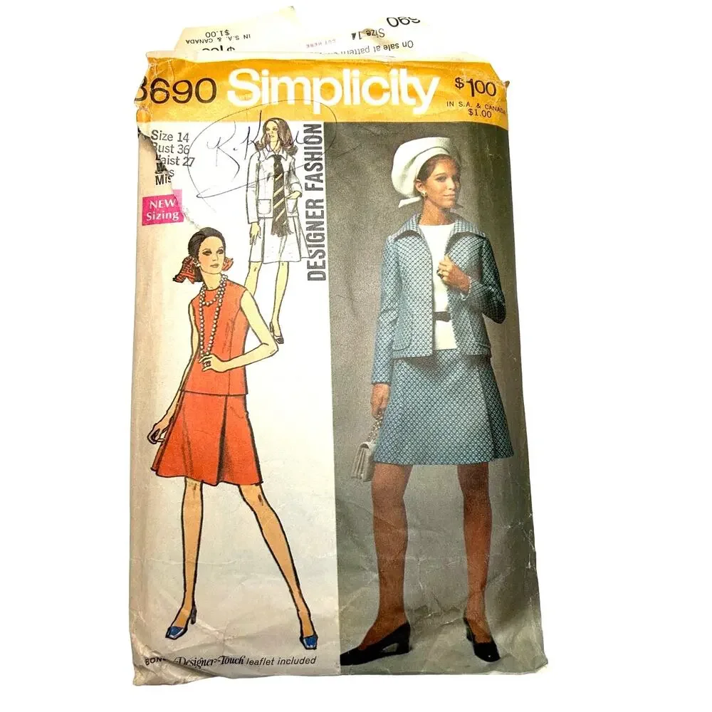 Simplicity Vintage 1970's Pattern #8690 Misses‎ Jacket/Skirt/Blouse Size 14